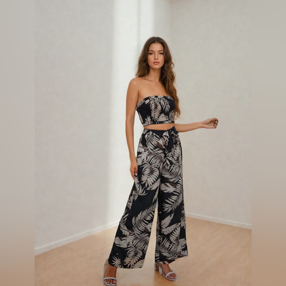 Brown/ Black Tropical Print Tube Top & Wide Leg Pants